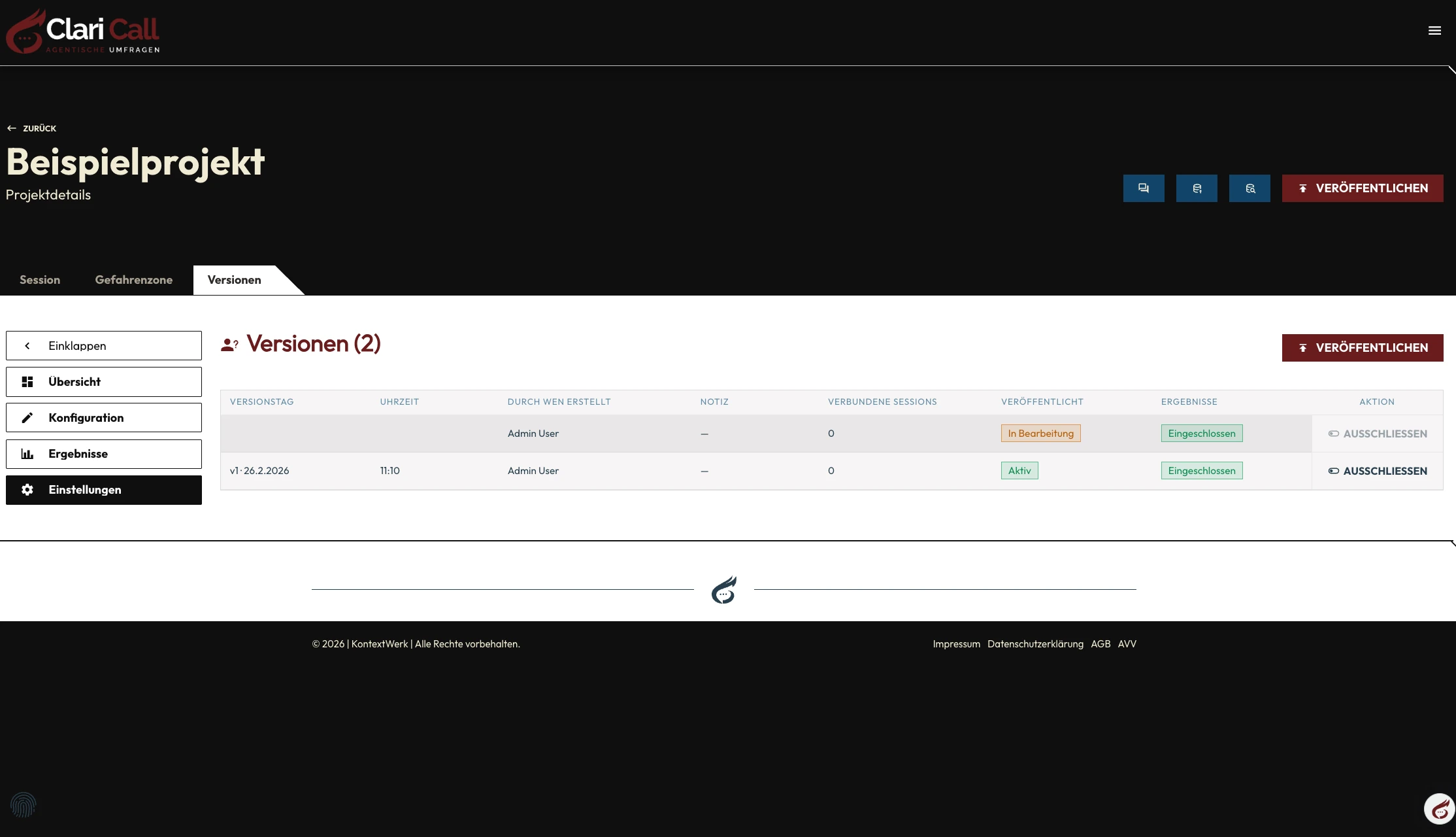 Versionen: Instrument-Versionen und zugeordnete Sessions