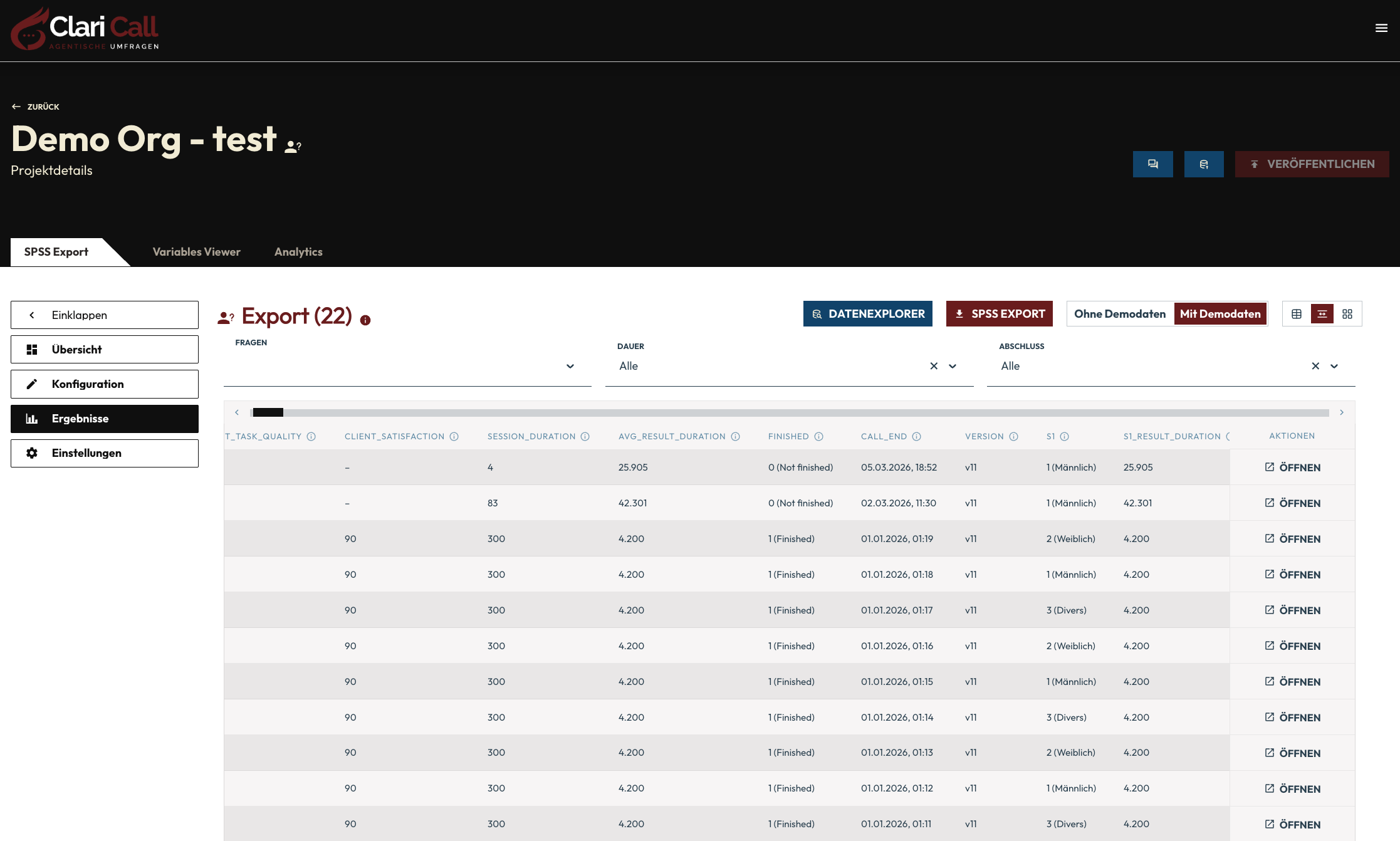 Export: Sessionübersicht