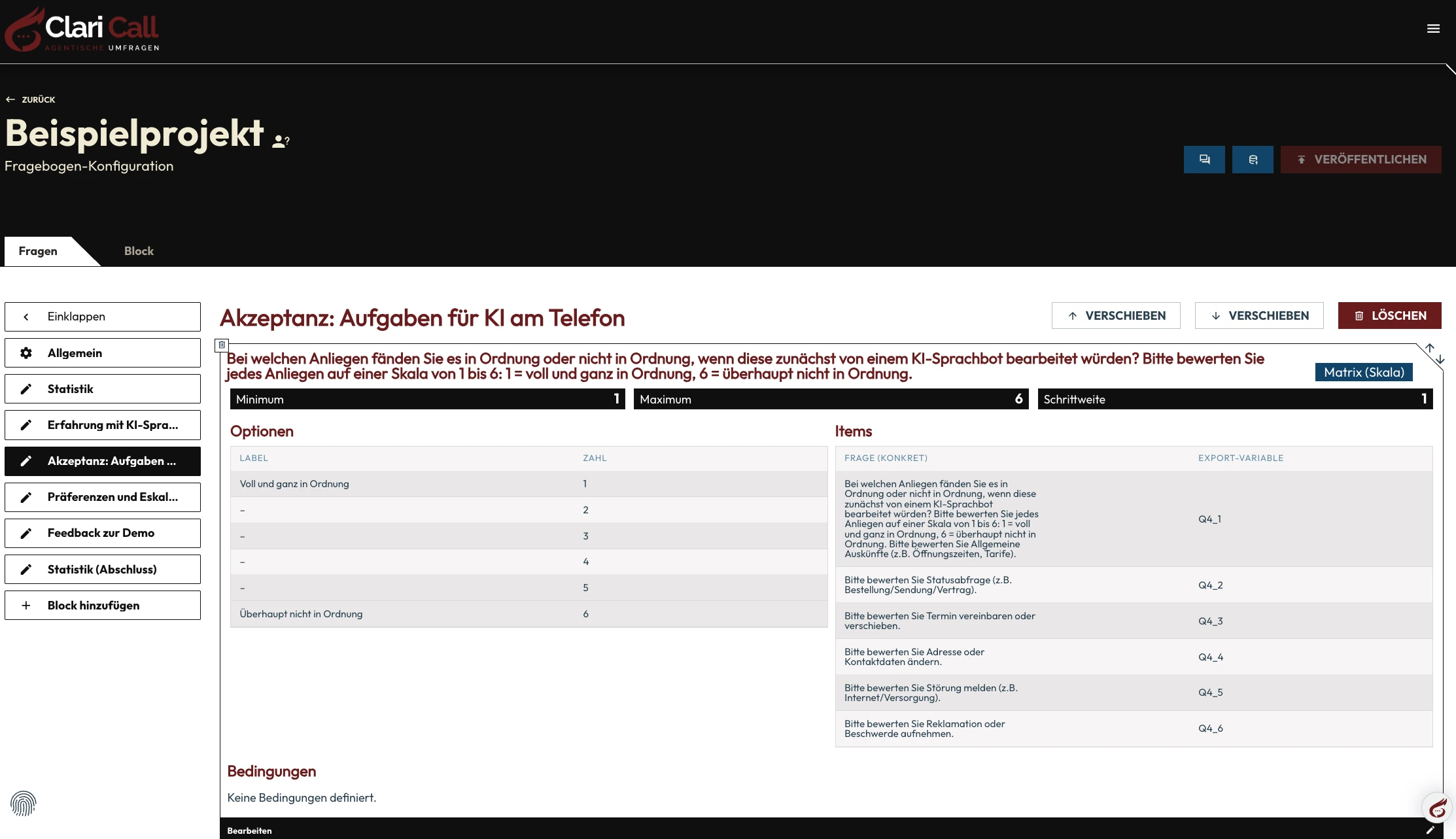 Editor: Matrixfrage mit Optionen und Items