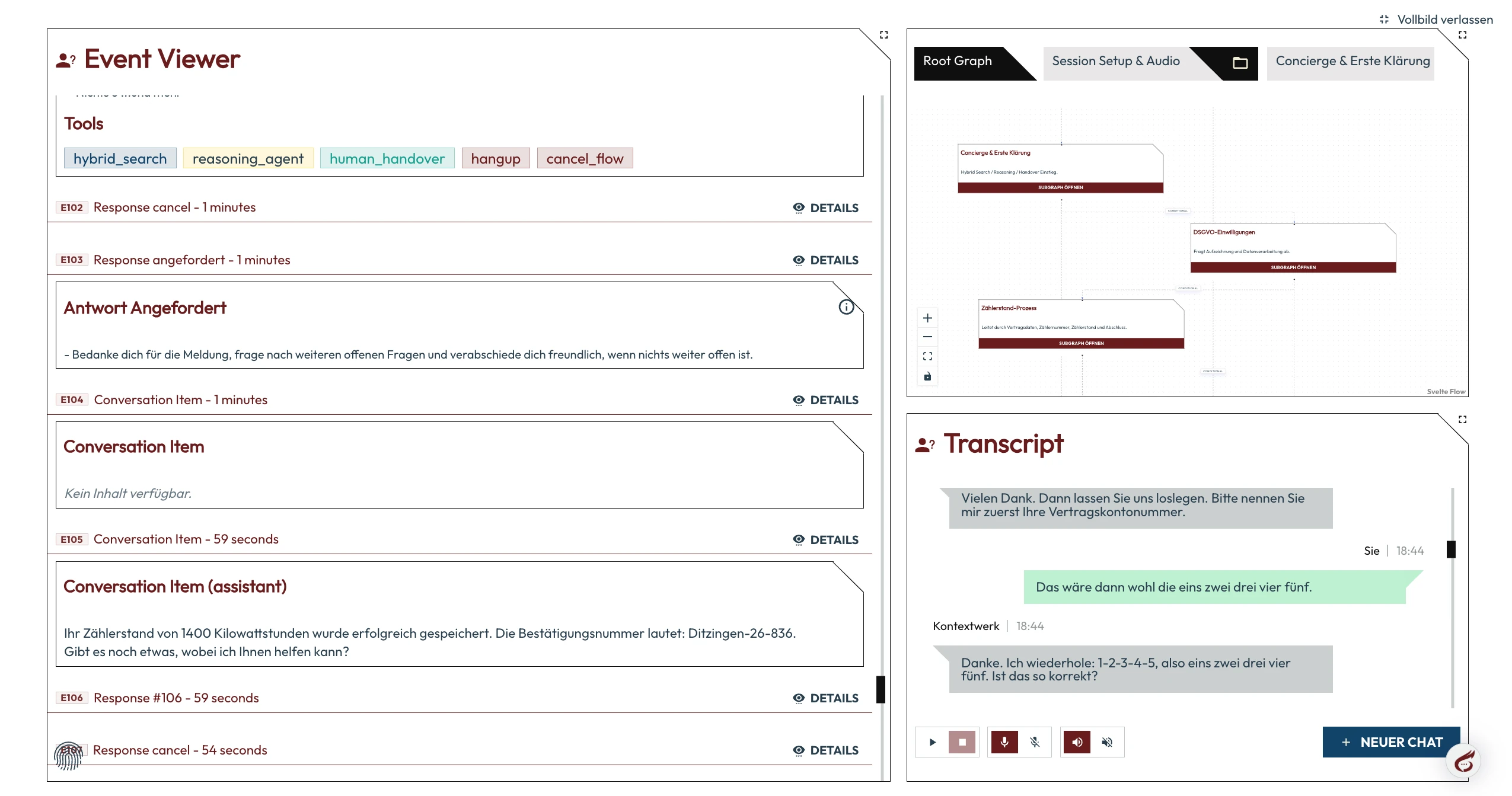 Werk Admin: Event Viewer mit Graph und Transkript